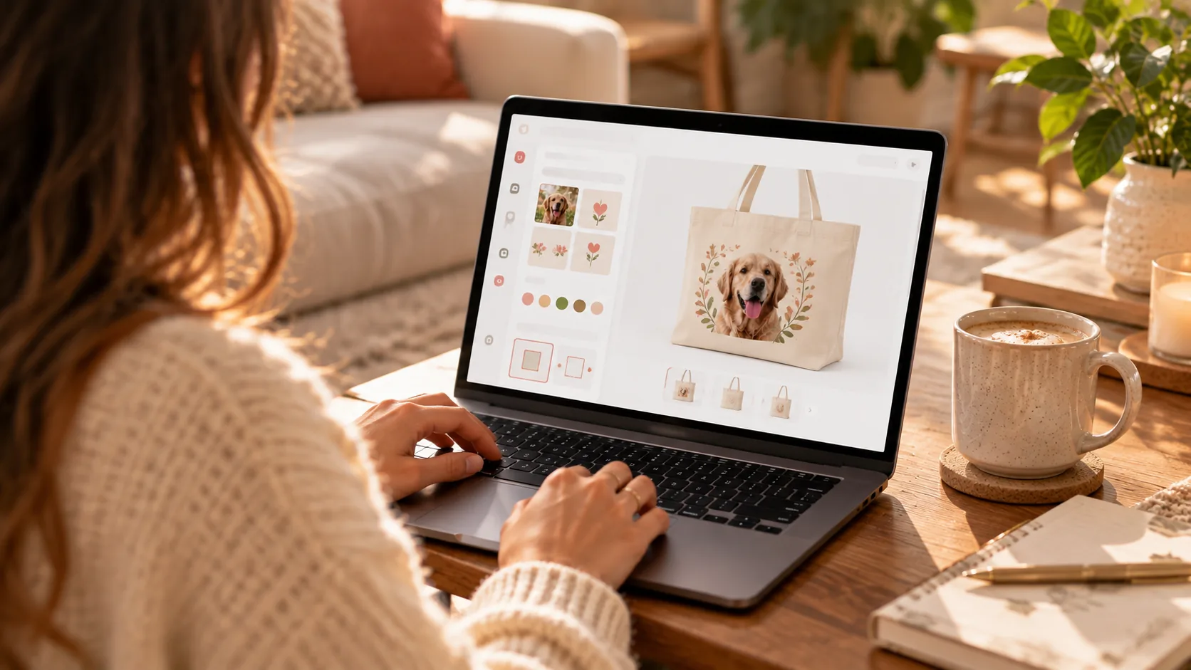 Shopper designing a personalized product on a laptop with a live preview on screen