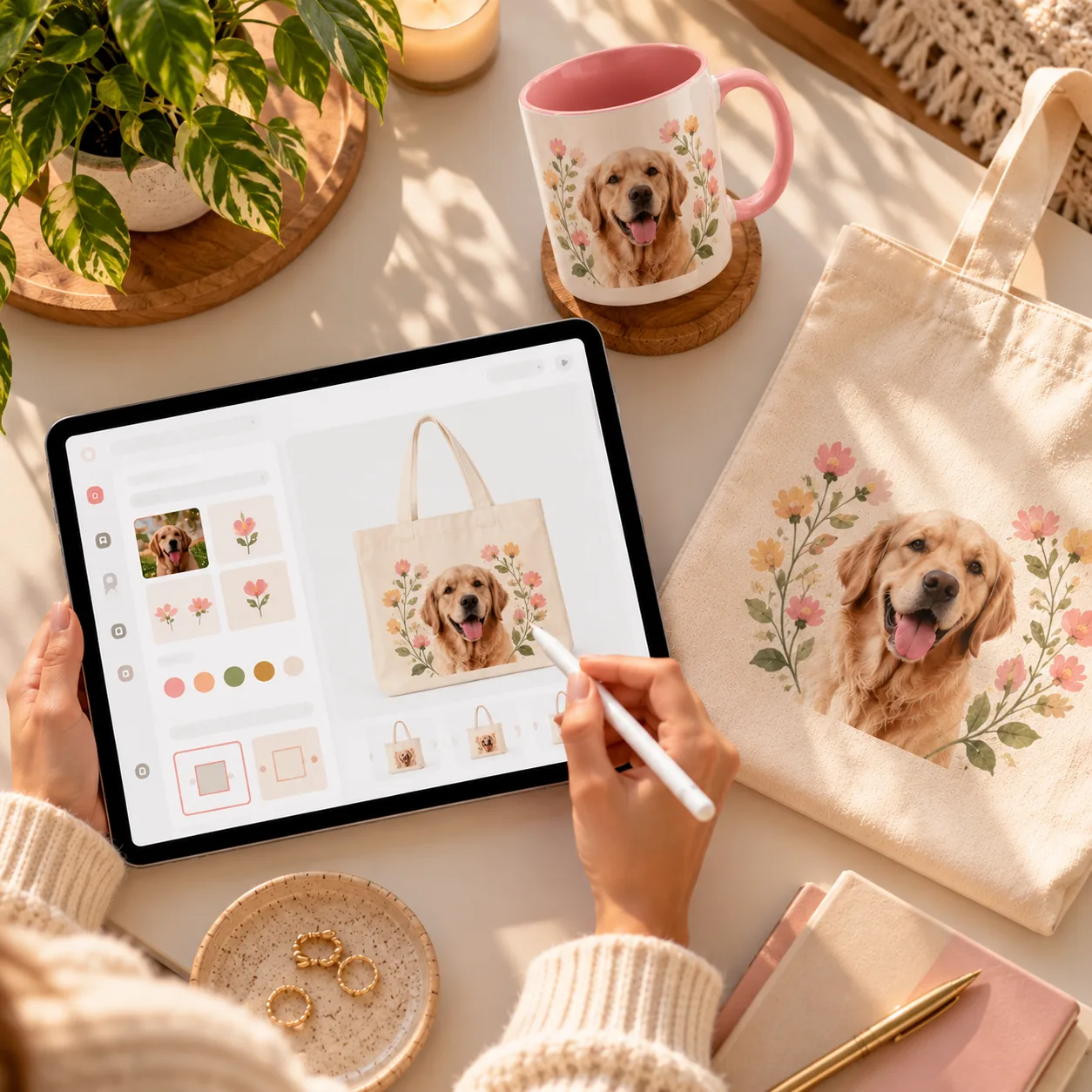 Tablet showing an abstract product design interface next to a mug and a tote bag