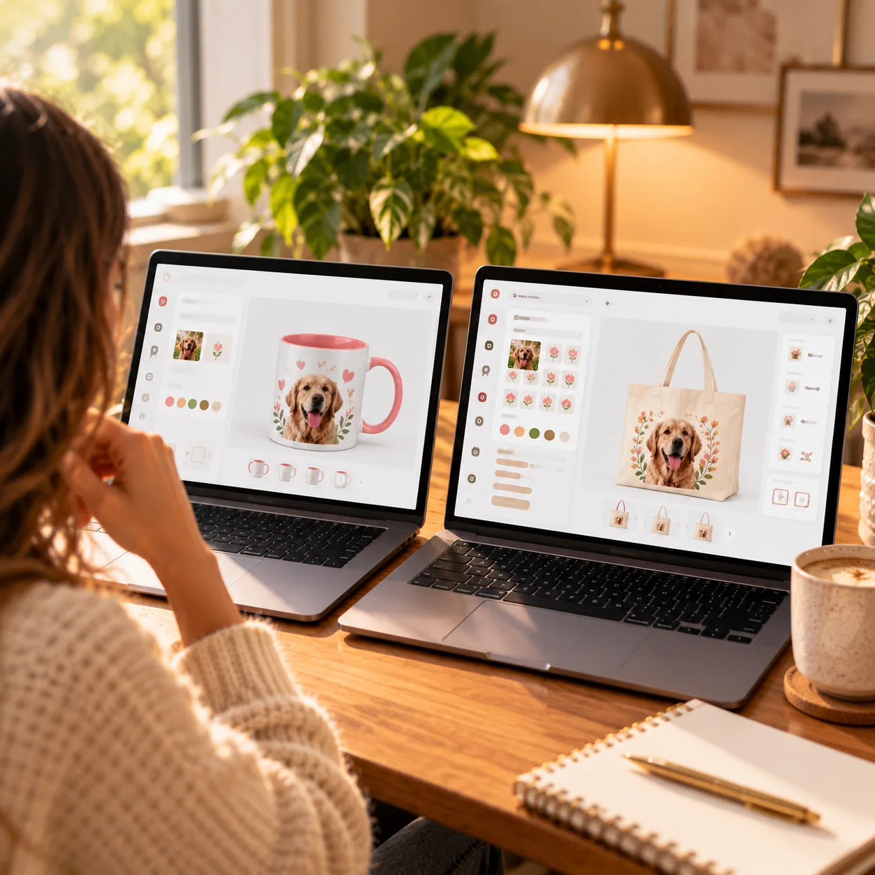 Two laptops side by side on a desk, one showing a simple interface and one a more detailed one