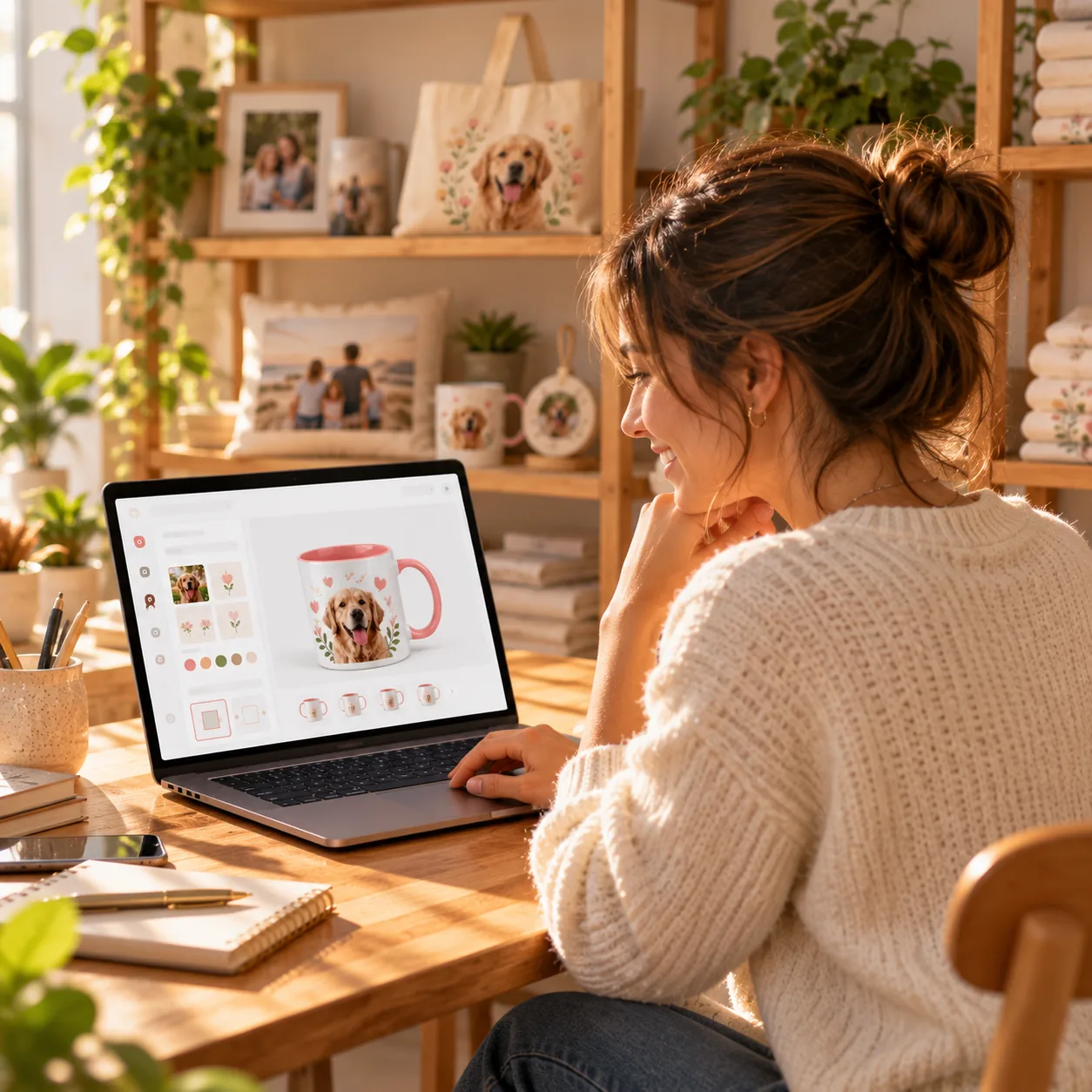 Small business owner reviewing a live product preview on a laptop with personalized products on a shelf behind them