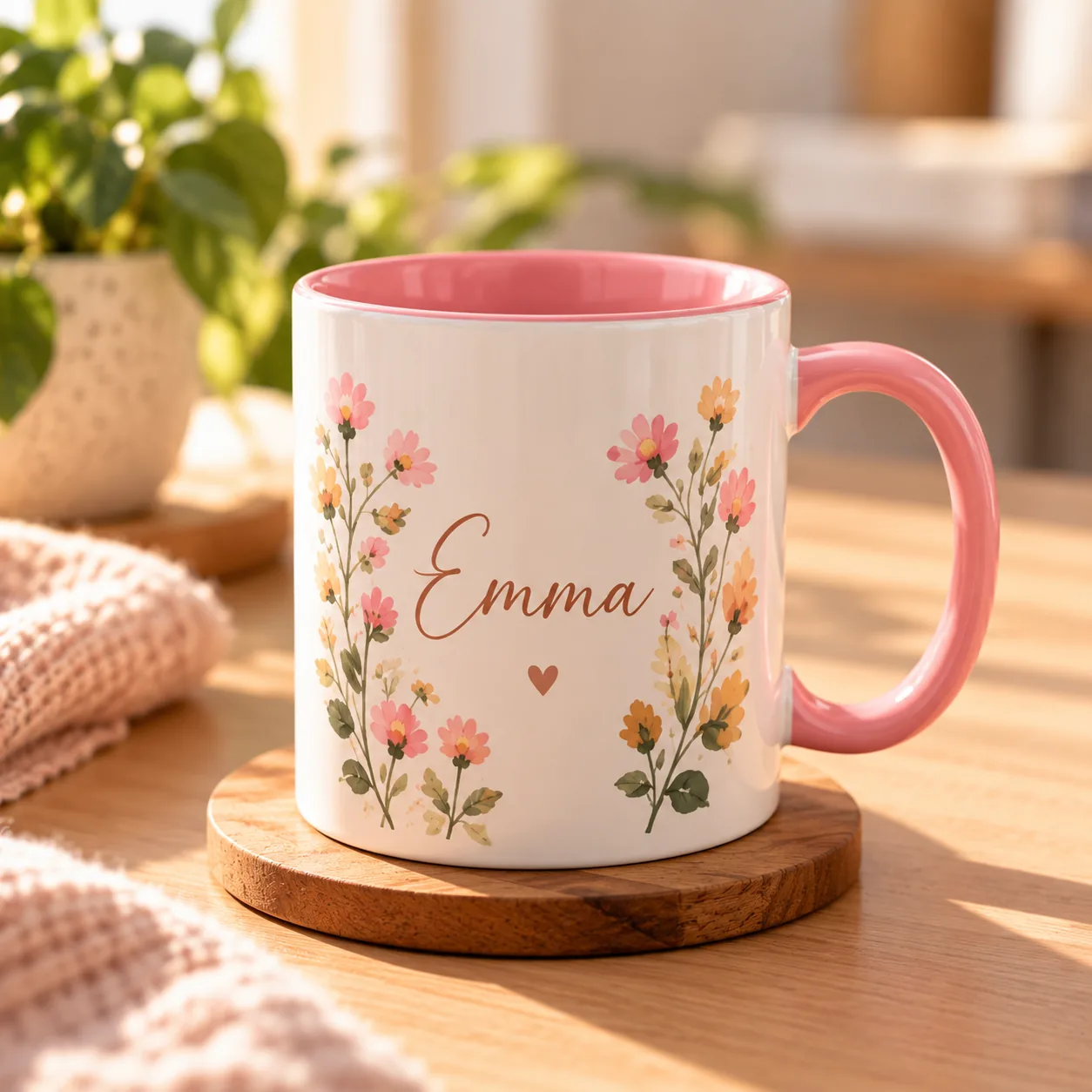 Hand typing a name onto a mug design in a live product preview