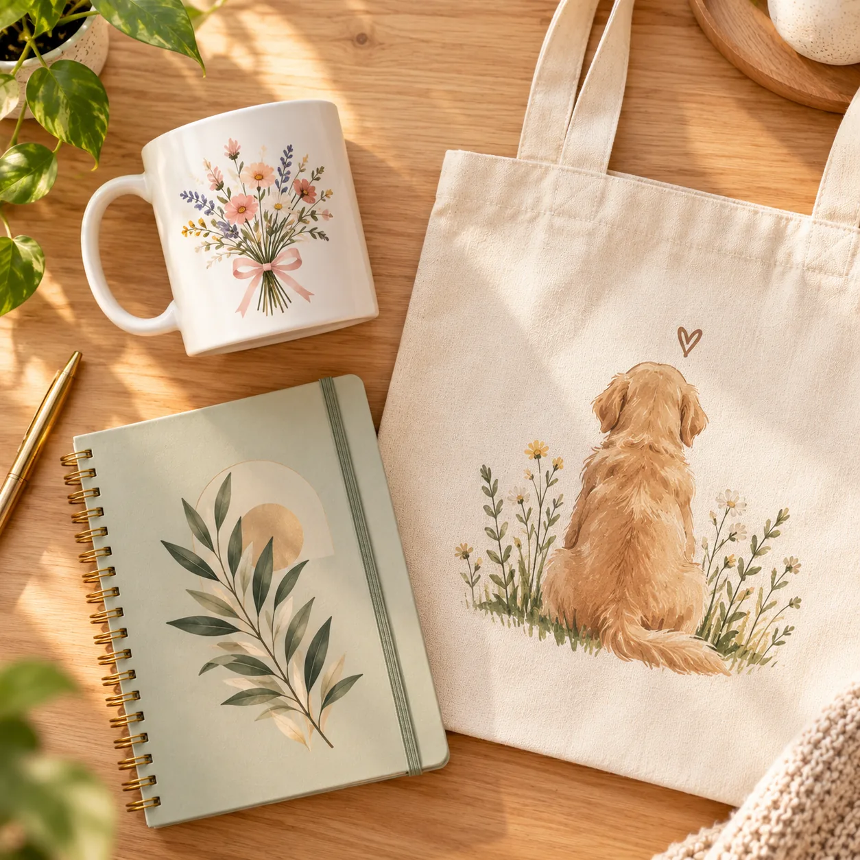 Flat lay of a mug, a tote bag, and a notebook, each featuring a different decorative illustration