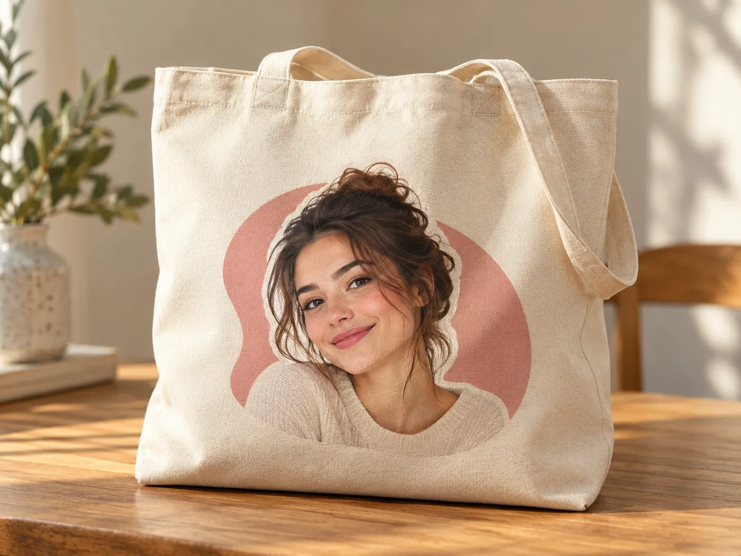 Canvas tote bag featuring a face cutout portrait placed over a simple colored shape