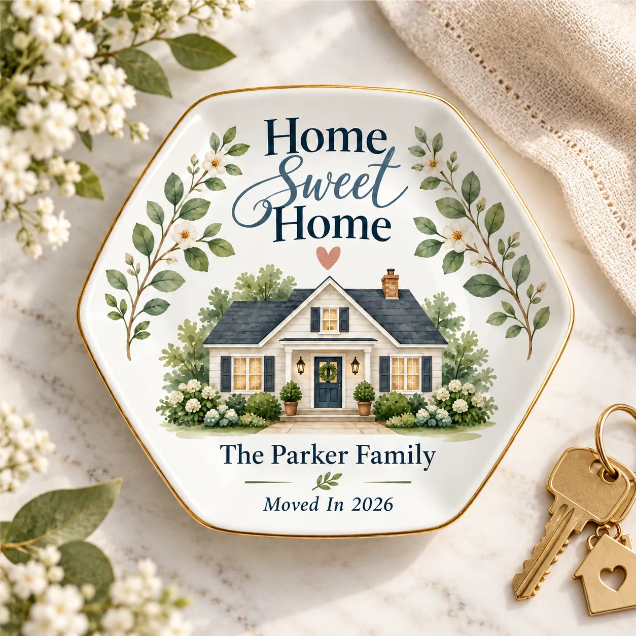 Personalized ring dish with a home sweet home design