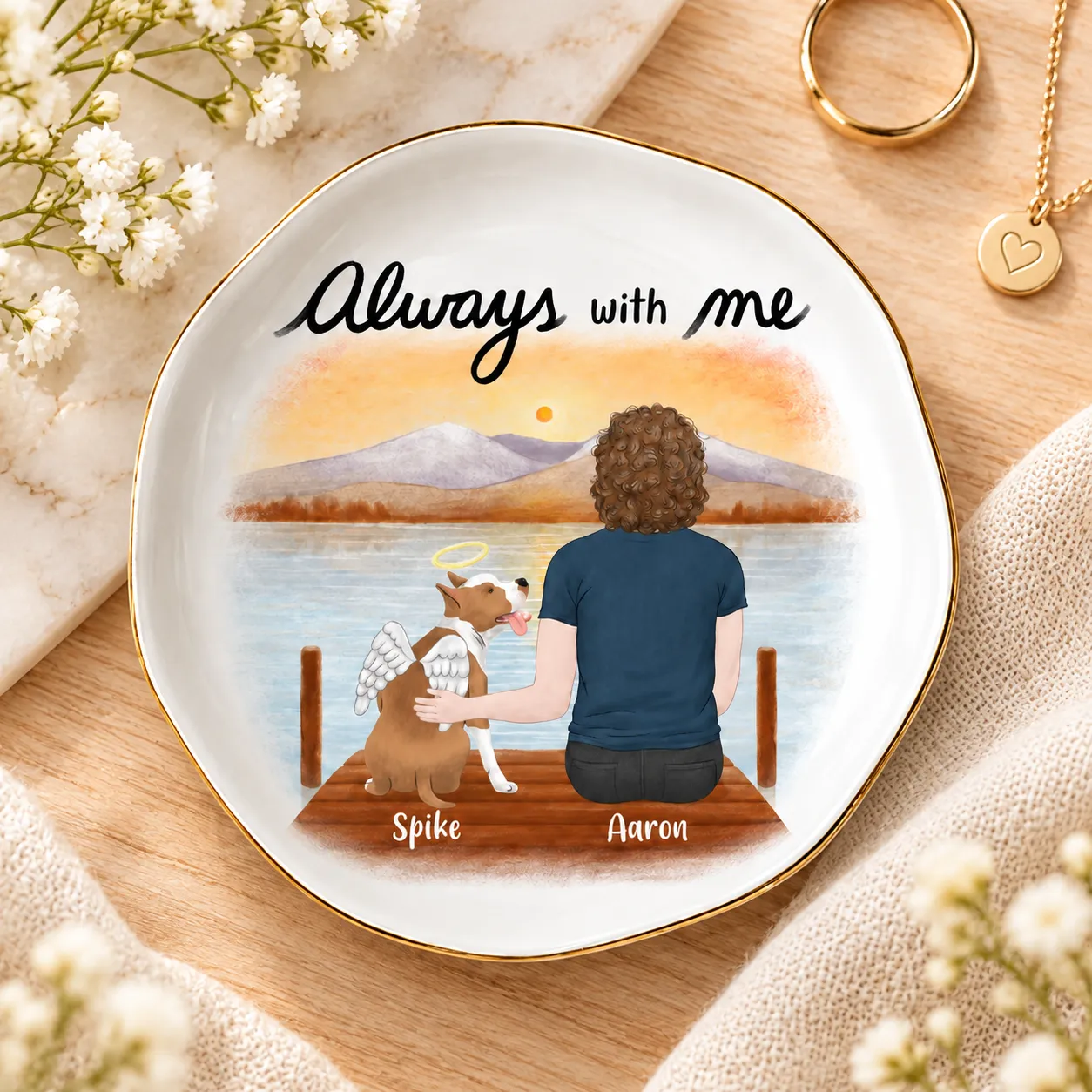 Personalized ring dish with a memorial design of a clipart person and its dog