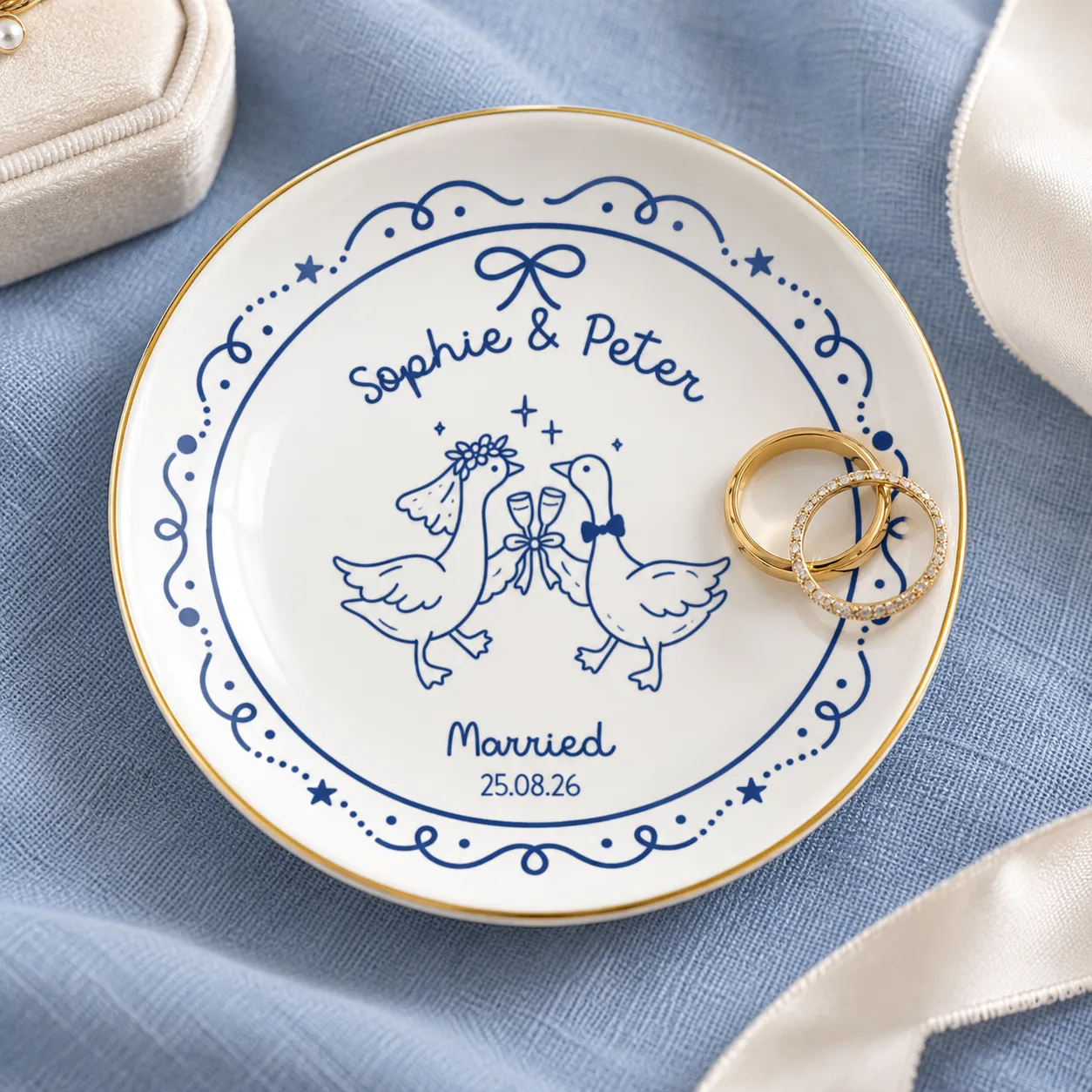 Personalized ring dish with just married design