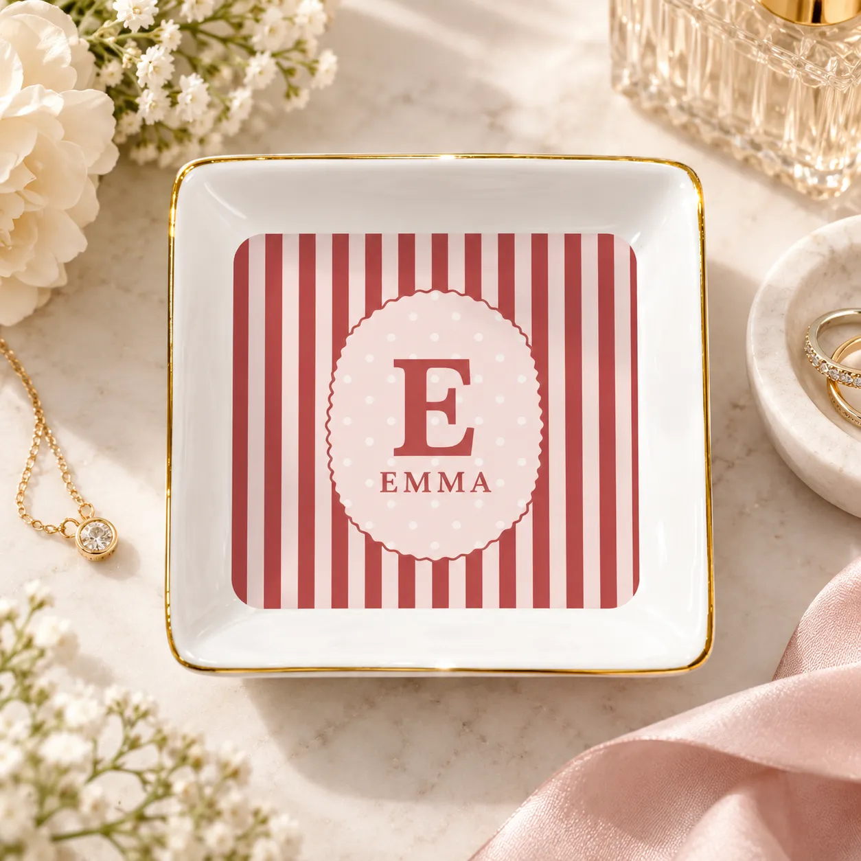 Personalized ring dish with a monogram design