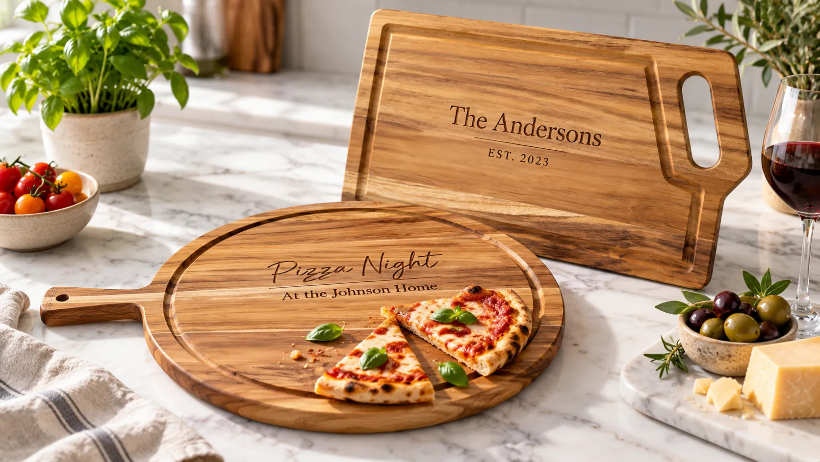 Engraved cutting boards on a nice kitchen counter