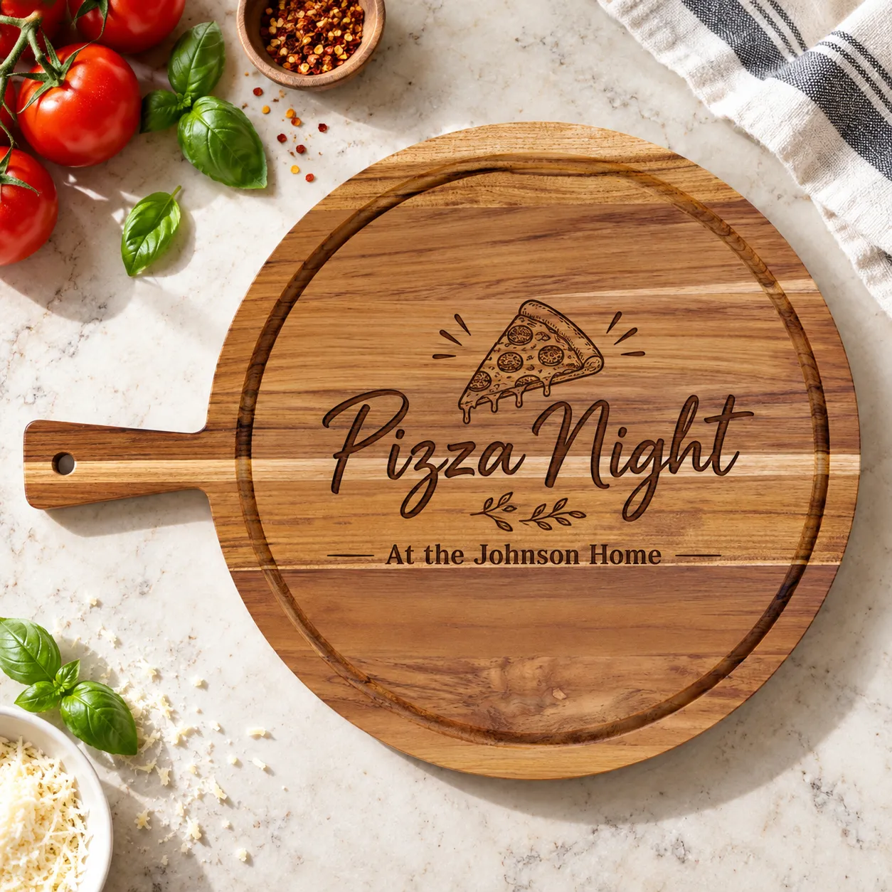Engraved pizza style board with personalization