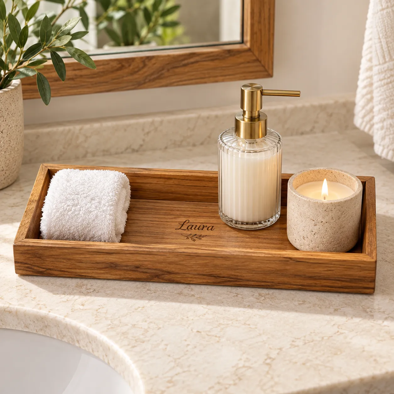 Engraved amenity tray with personalization