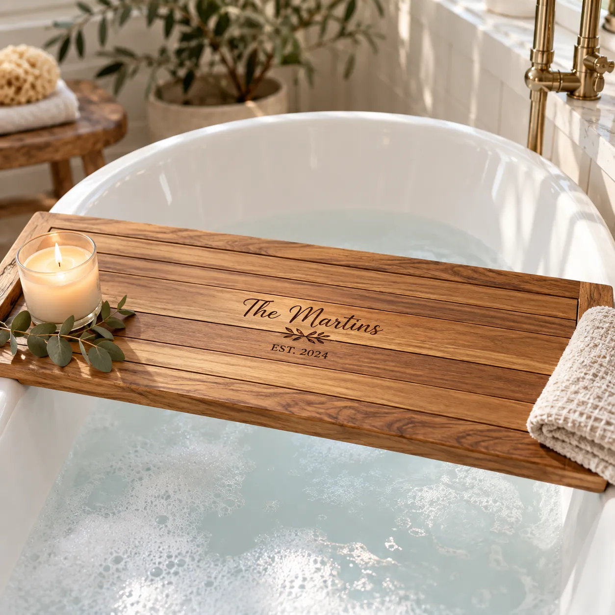 Engraved bathtub tray with personalization