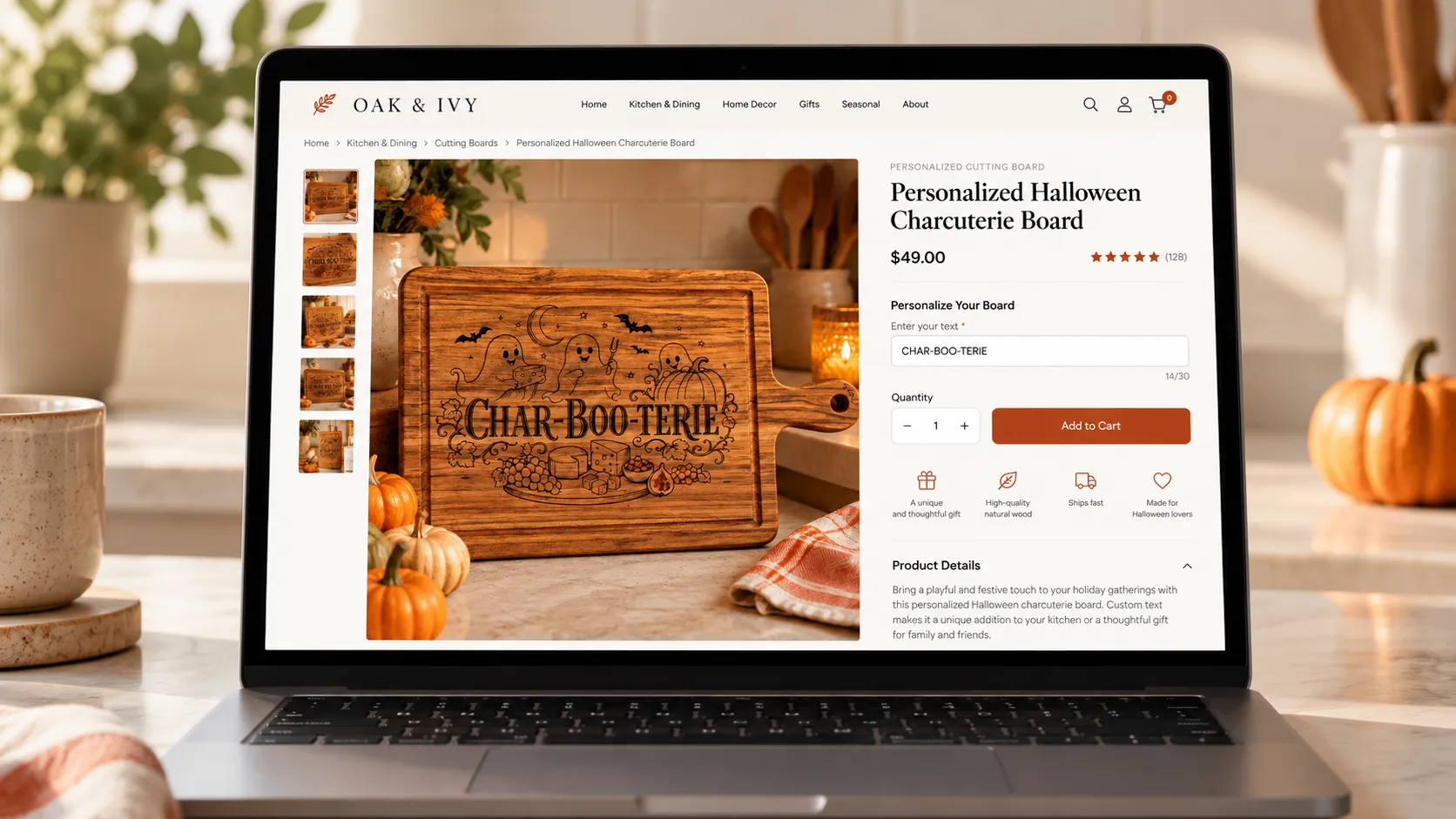Notebook with a store that sells personalized cutting boards on the screen