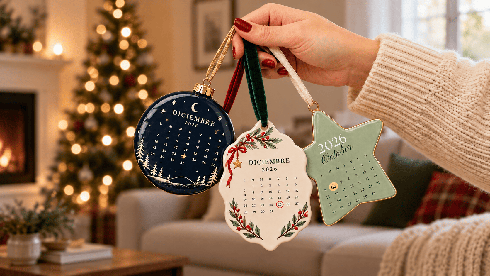 Personalized Christmas calendar ornaments with highlighted dates.