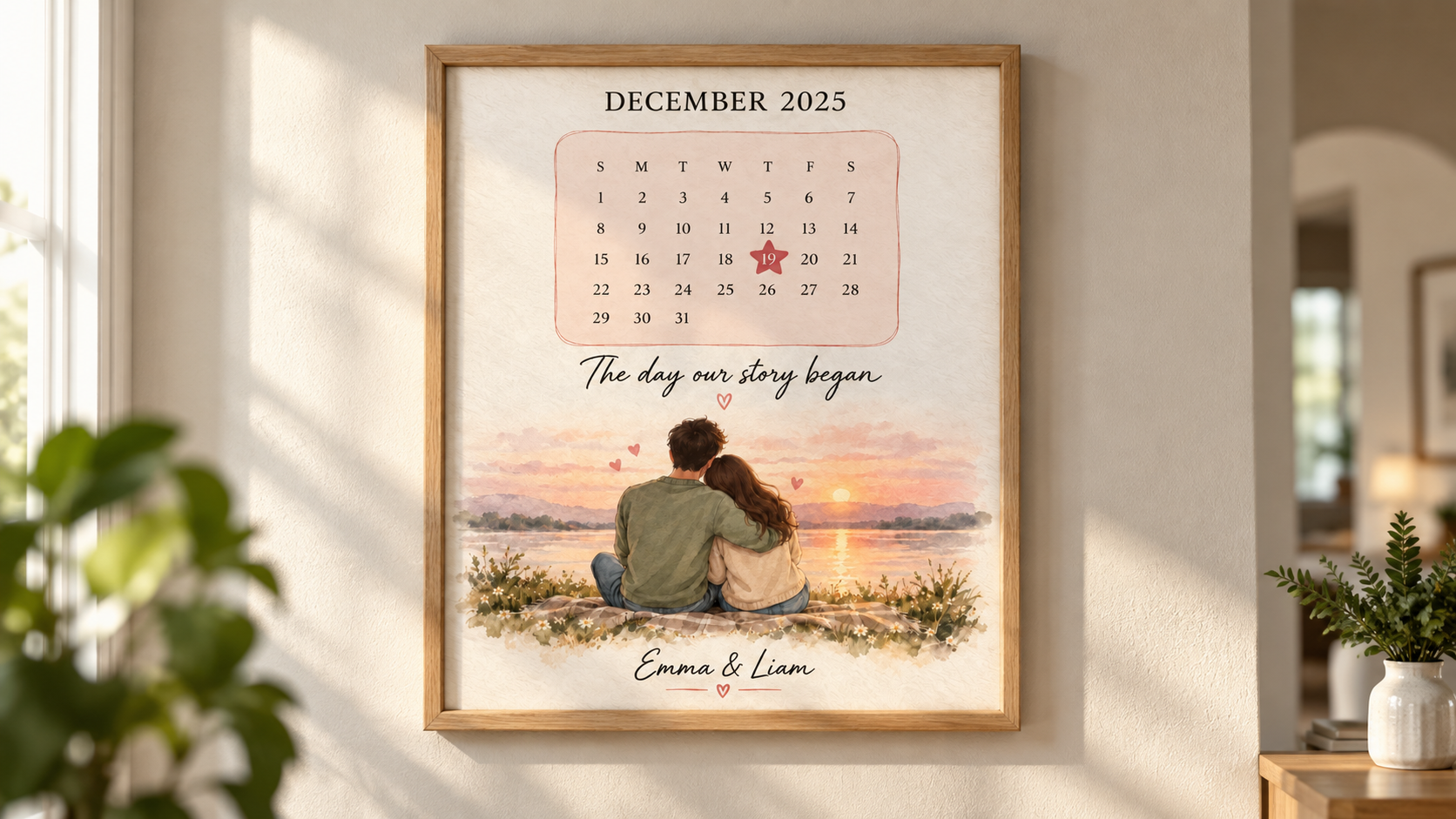 Personalized anniversary calendar print with a couple illustration and highlighted special date.