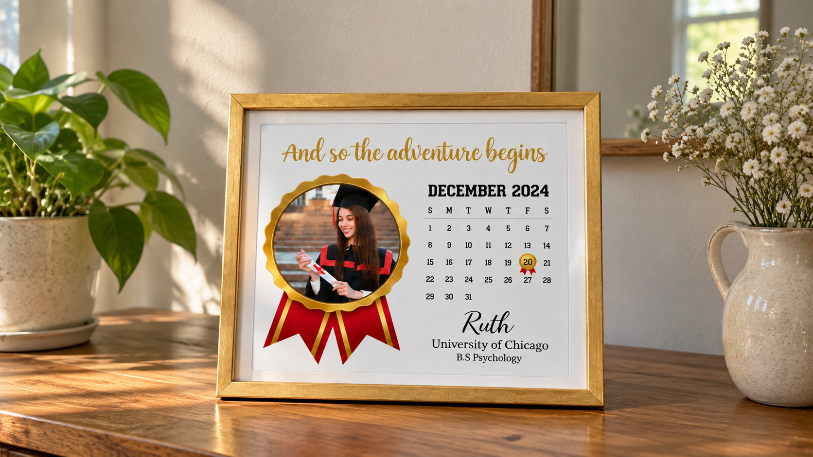 Personalized graduation calendar frame with photo and gold medal date marker.