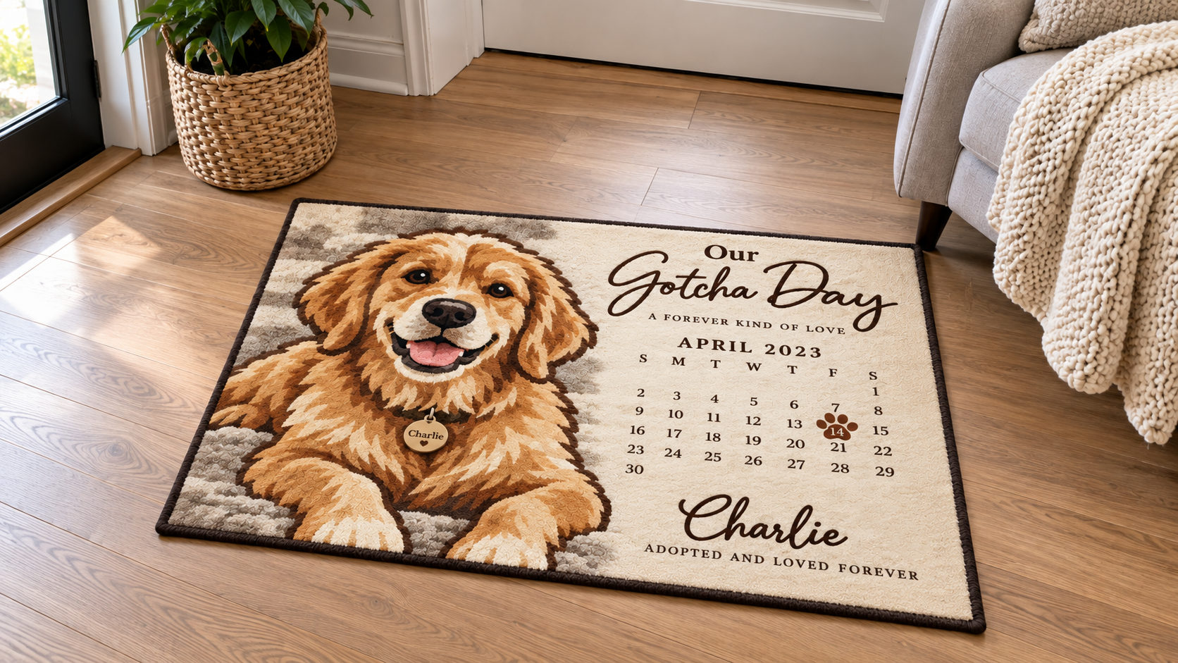 Personalized pet adoption anniversary rug with dog illustration and paw print calendar marker.