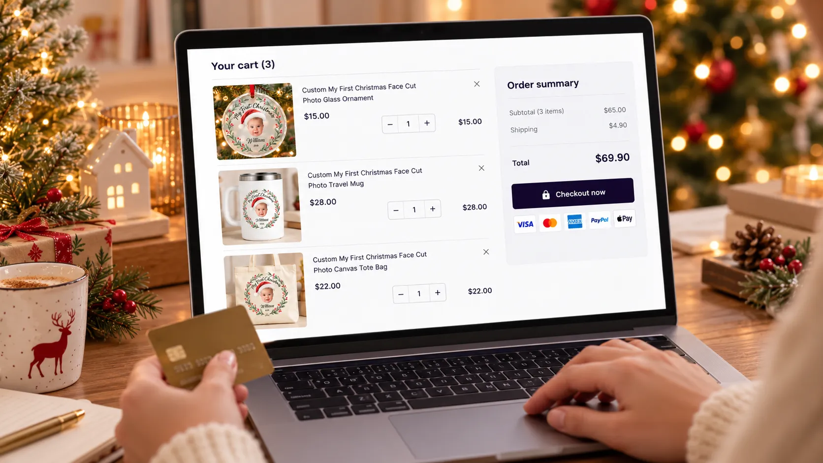 Person on a notebook buying multiple personalized products