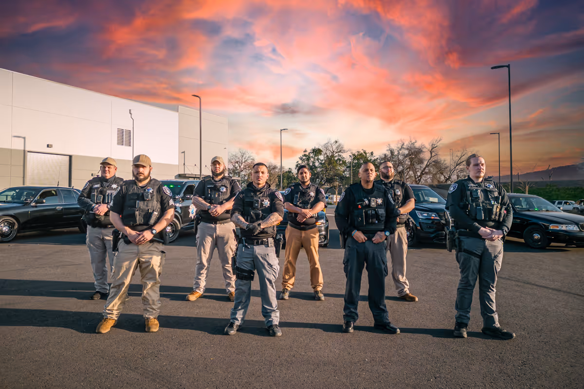 Security guards with a sunset in Sacramento.