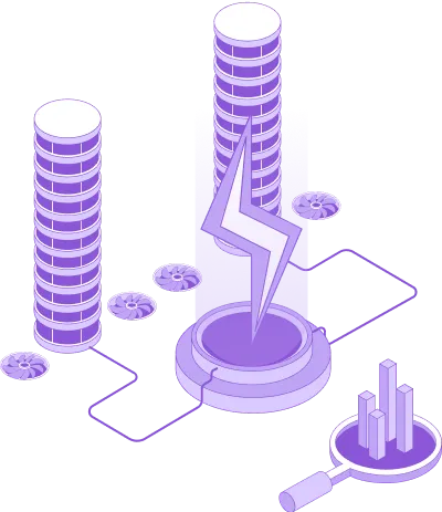 A computer generated image of stacks of coins and a magnifying glass.