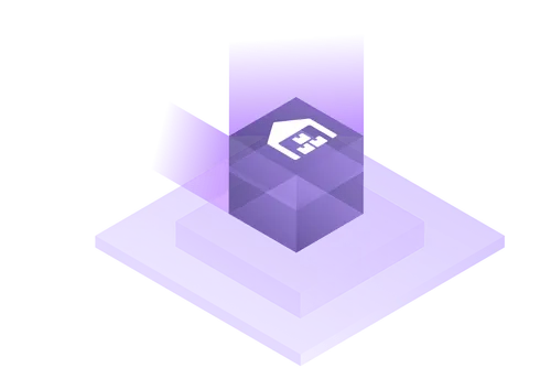 A purple box with a white house on top of it.