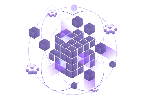 A stylized image of a purple cube surrounded by smaller cubes.