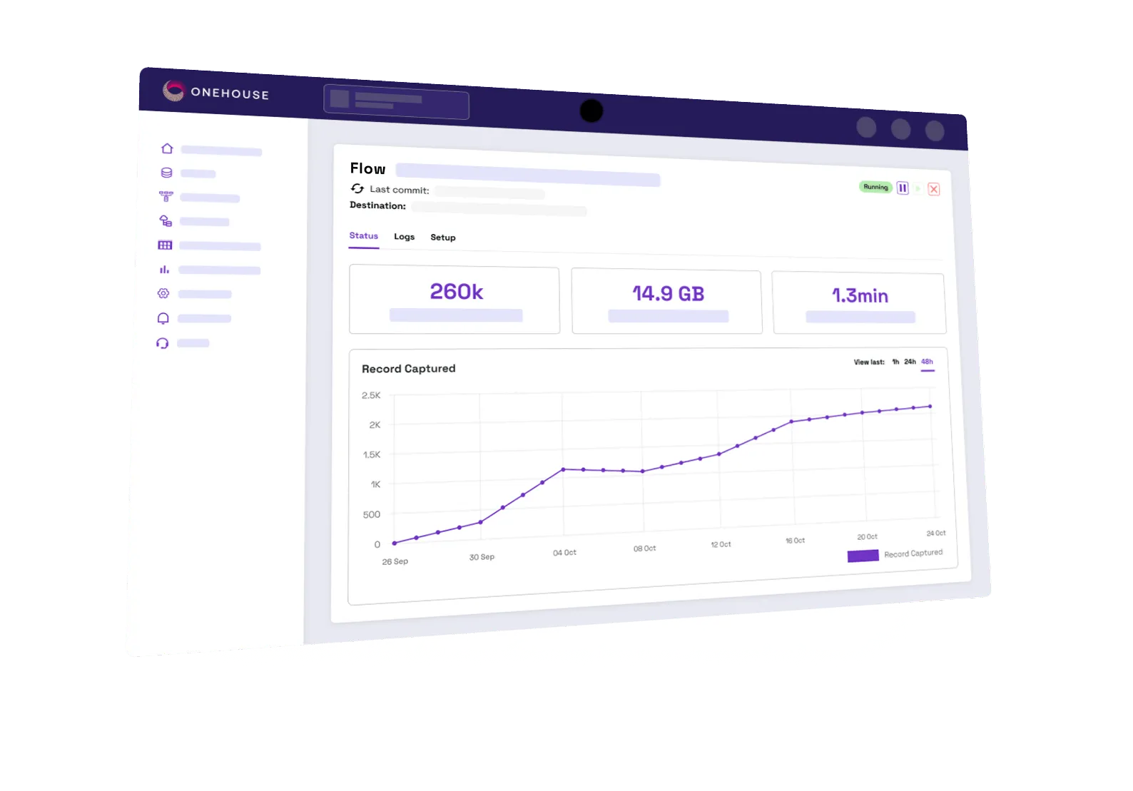 Onehouse dashboard showing flow status with metrics: 260k records, 14.9 GB data, 1.3 minute duration, and a graph of records captured over time.