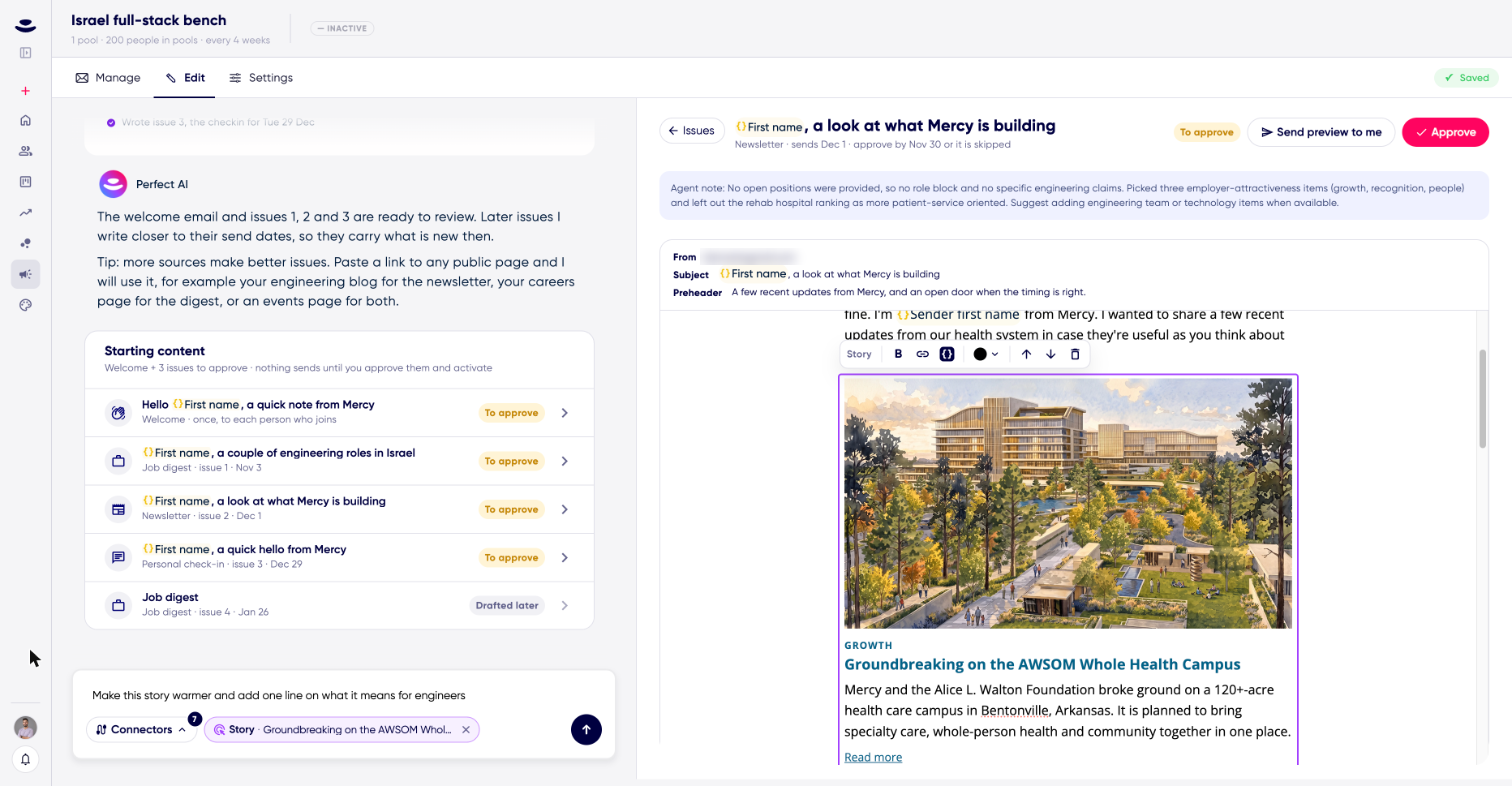 Actual Perfect campaign workspace showing the newsletter editor, chat, and approval control