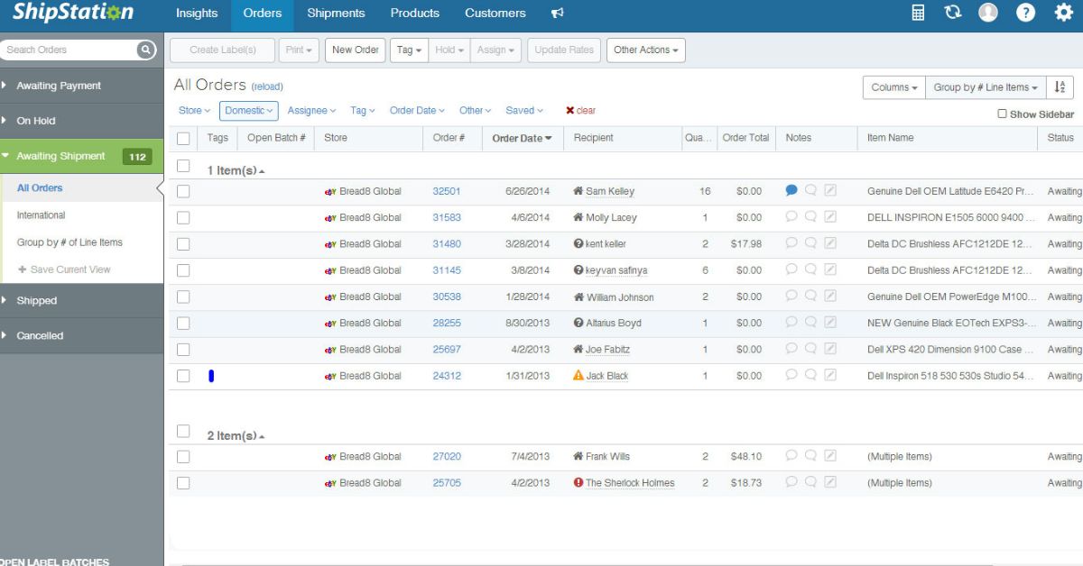 Example of the ShipStation dashboard