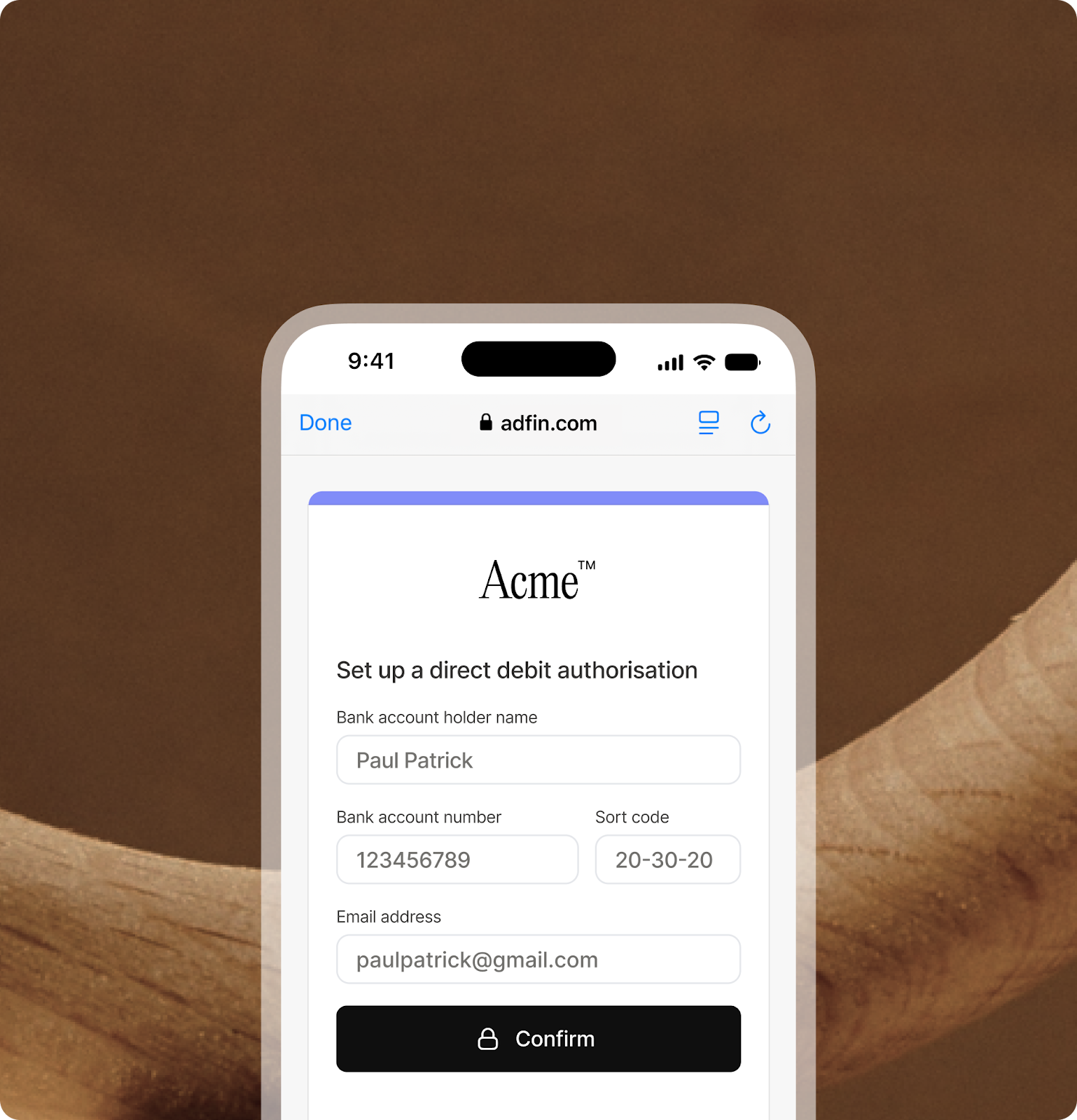 Direct debit authorisation screen shown on a mobile phone