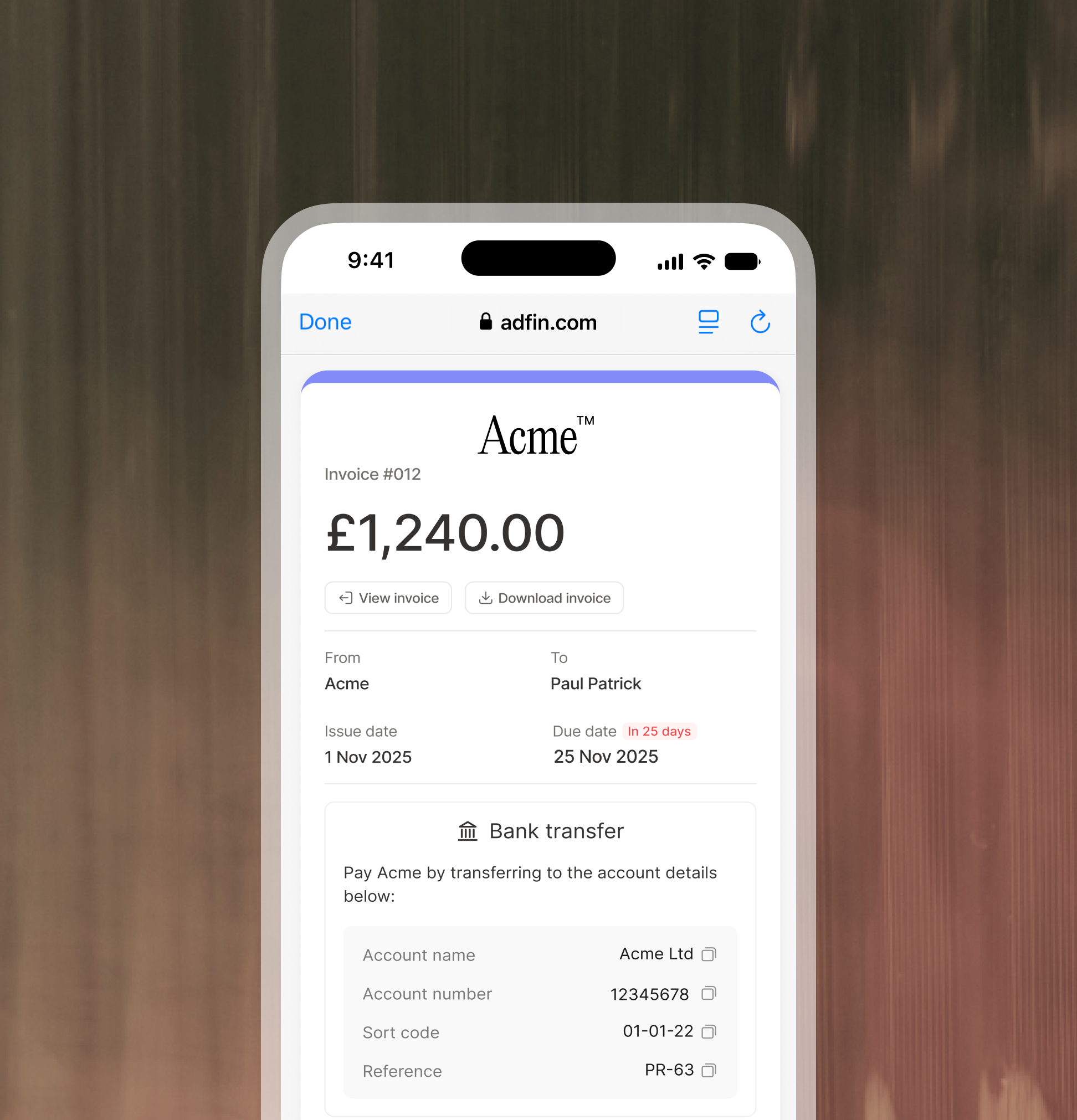 Bank transfer payment option screen shown on a mobile phone