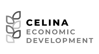 Celina Economic Development logo with stylized leaf design in black and gray.
