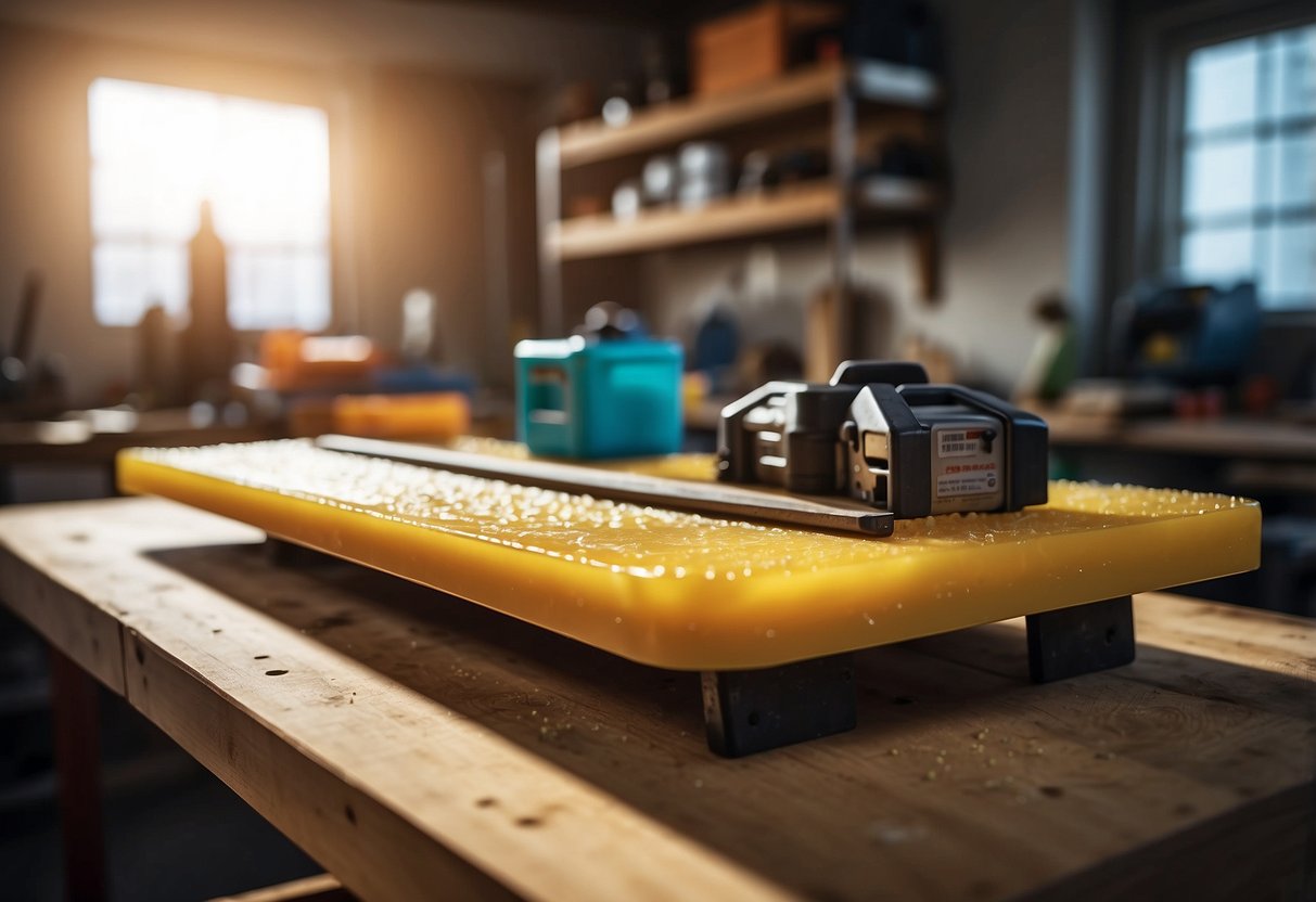 A workbench with resin and fiberglass materials, tools, and safety gear. A prop being molded and shaped with precision