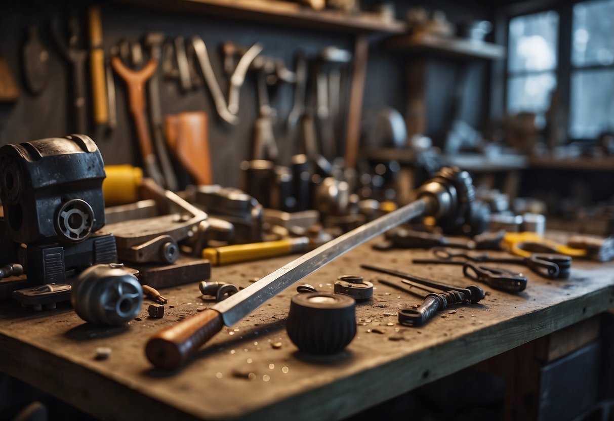 A workbench cluttered with resin and fiberglass materials, tools, and safety equipment. A completed prop, such as a sword or armor piece, showcases the realistic and durable results