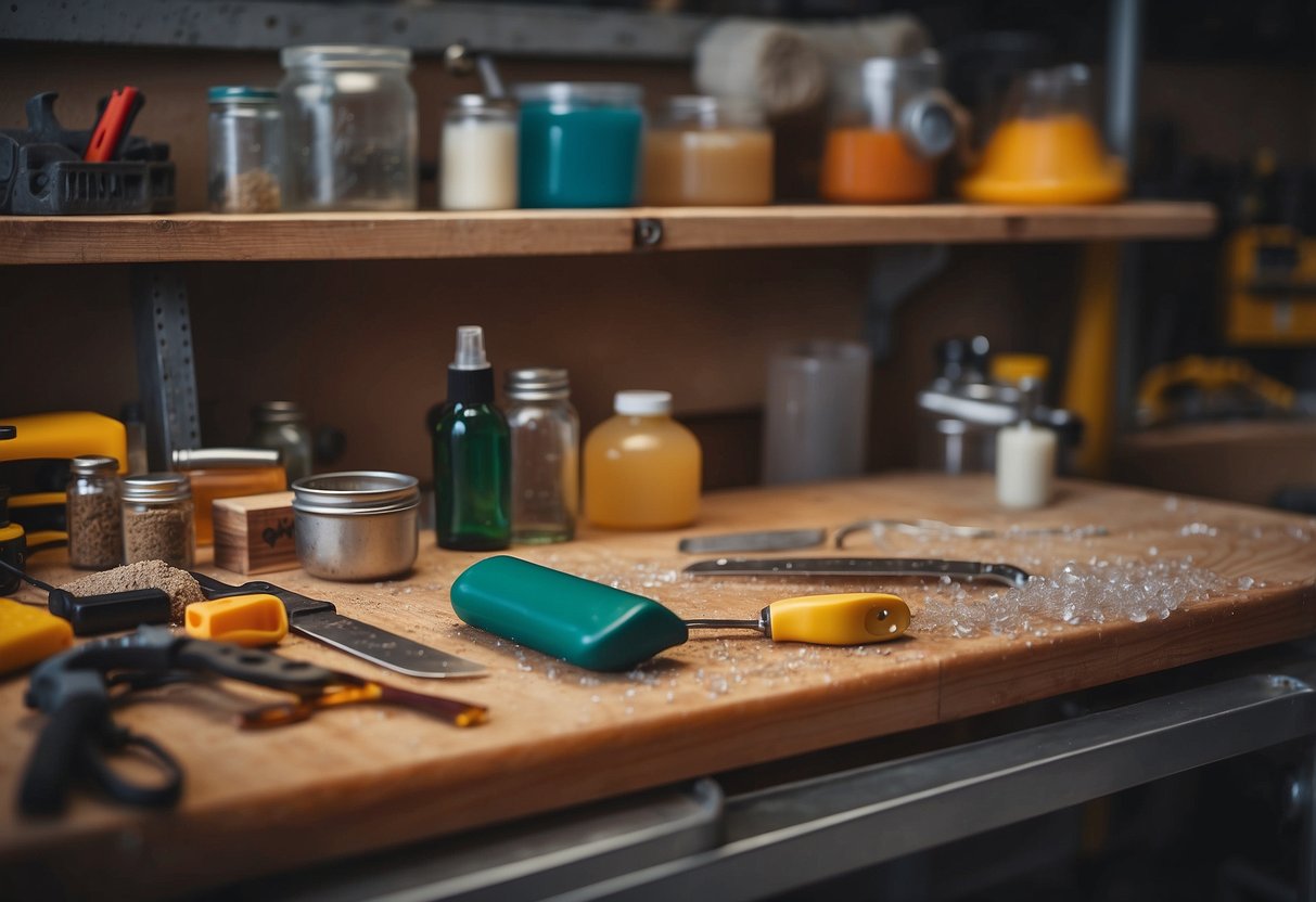 A workbench with resin and fiberglass materials, tools, and safety equipment. A prop in progress, with layers of resin and fiberglass being applied for durability and realism