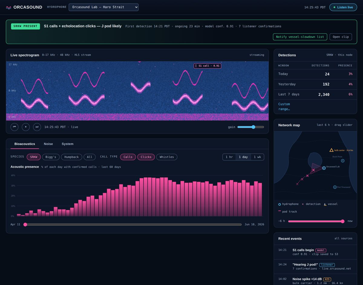 The finished Orcasound dashboard showing live spectrogram, detection stats, network map, and event feed