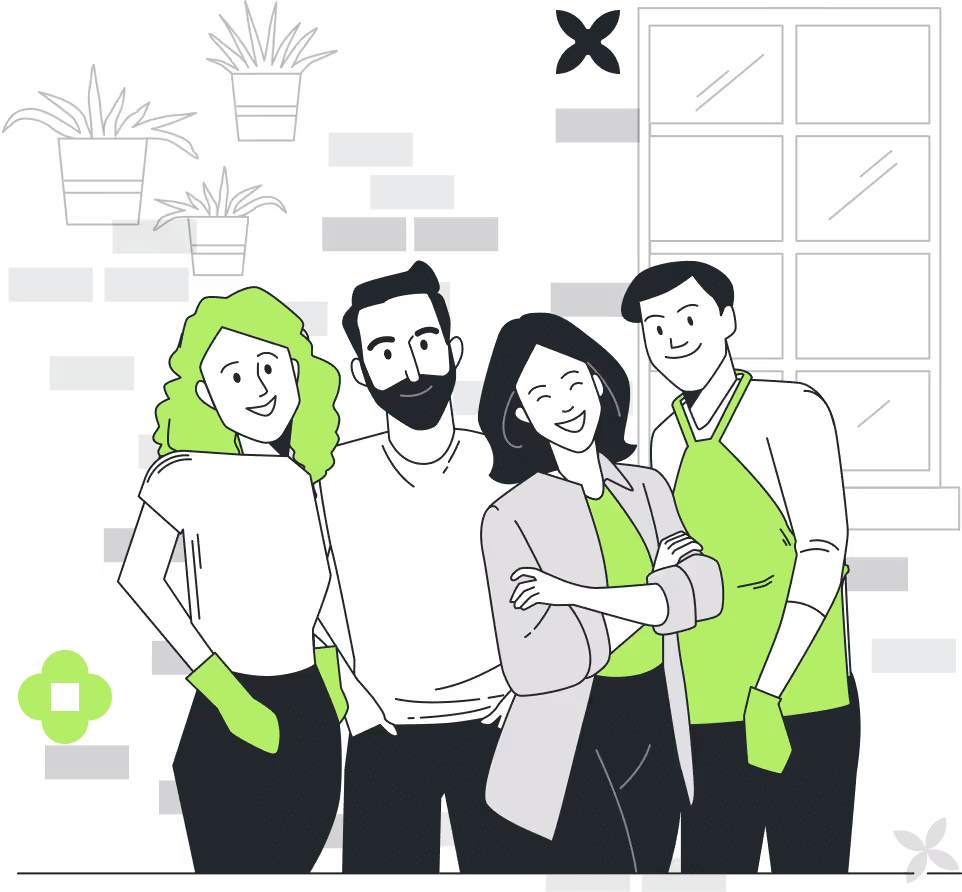 Four diverse people pose together against a green, patterned background. The group includes a woman with curly hair, a bearded man, a smiling woman, and a man in a vest.