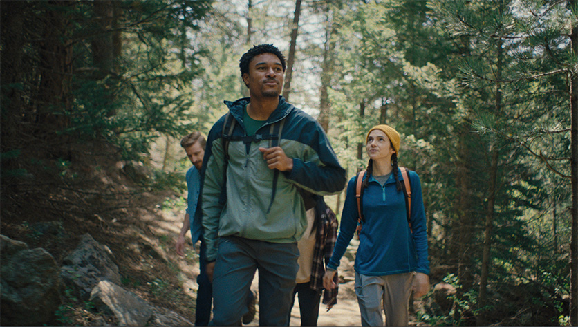 friends hiking through a pine forest, Tin Cup Whiskey commercial
