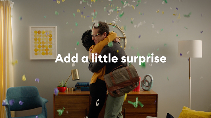 two friends hugging in a confetti-filled room, Cricut Joy "add a little surprise" spot