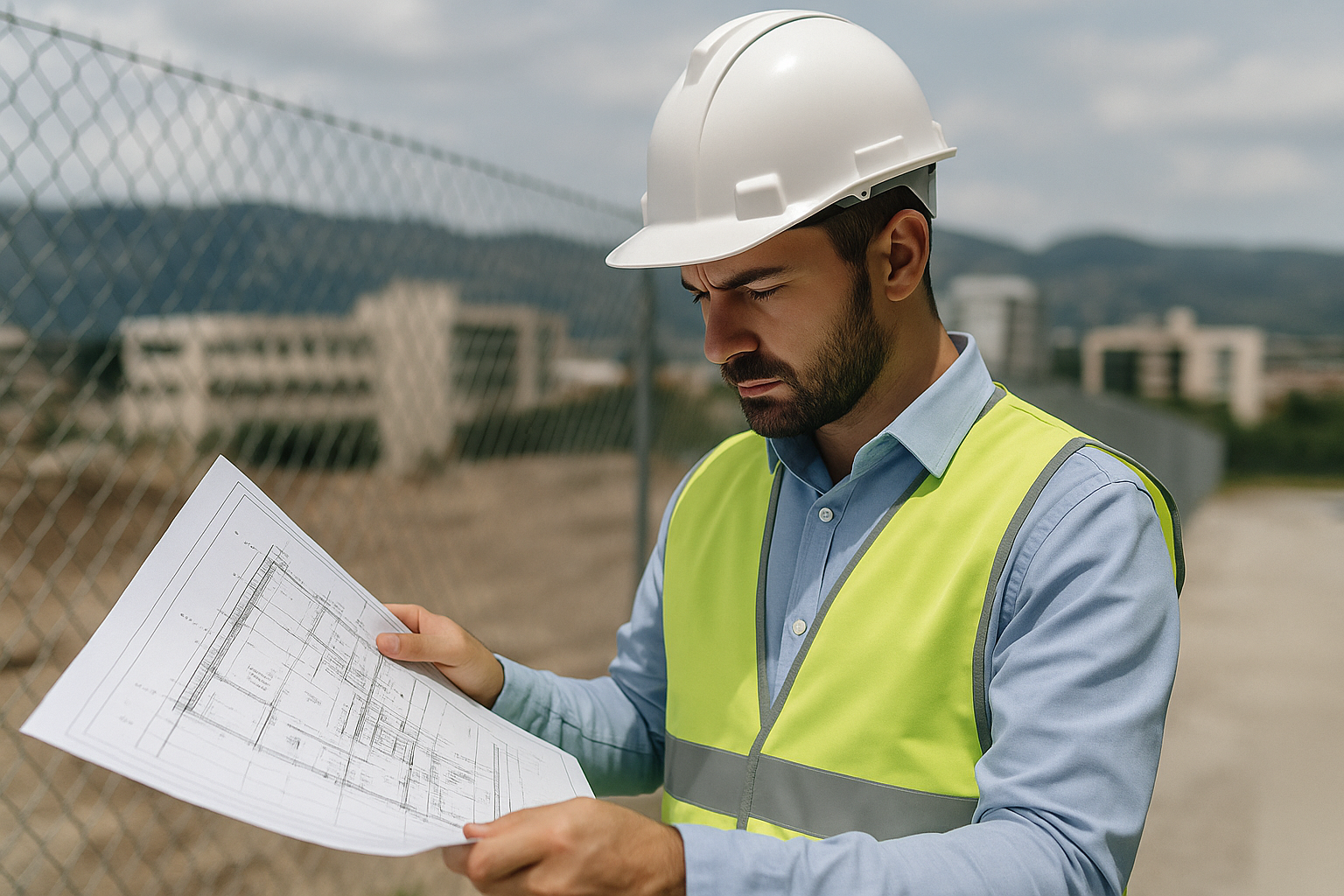 Arquitecto revisando planos de construcción