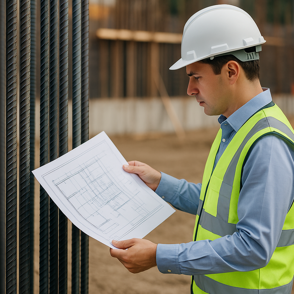 Ingeniero revisando planos junto a varilla en obra