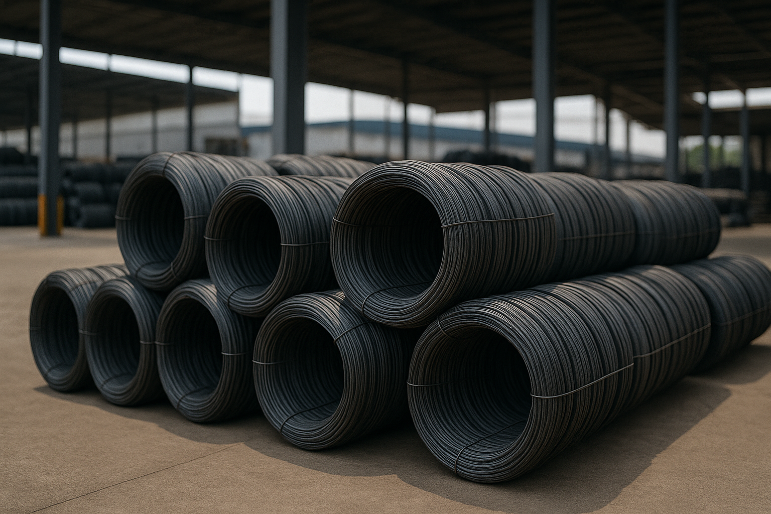Alambrón almacenado en bodega techada.