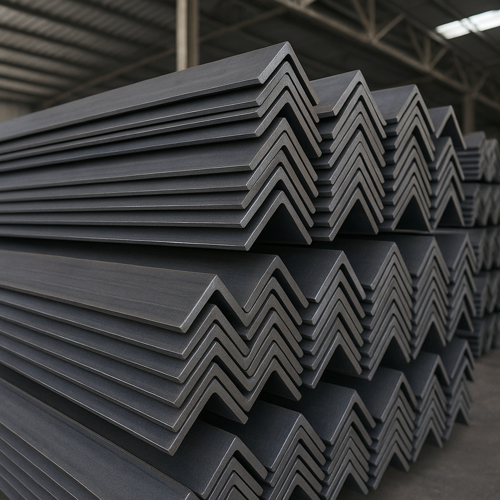 Ángulos de acero apilados de forma ordenada en bodega techada.