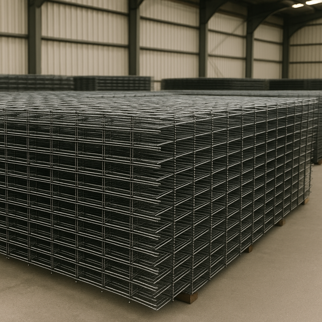 Paneles de malla electrosoldada almacenados en bodega techada