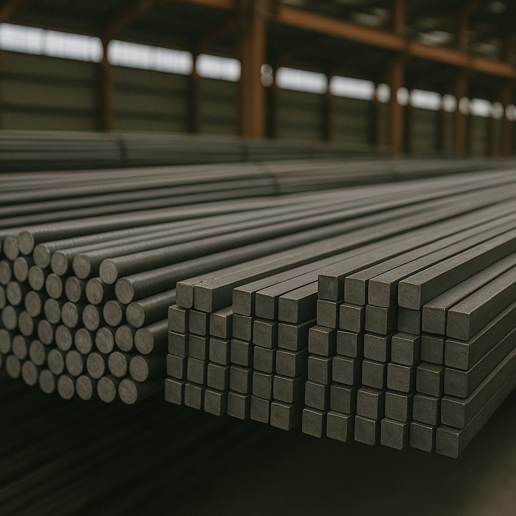 Barras redondas y cuadradas de acero almacenadas en bodega techada