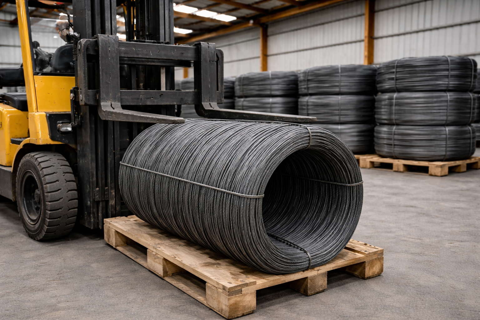 Manipulación de rollos de alambrón con montacargas dentro de almacén industrial