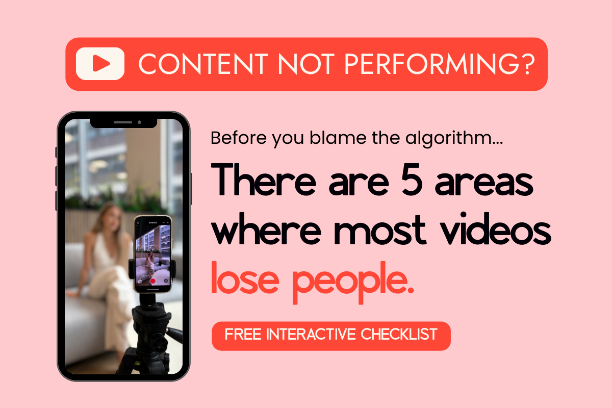 Content not performing? Before you blame the algorithm... there are 5 areas where most videos lose people. Free Interactive checklist for corporate teams.