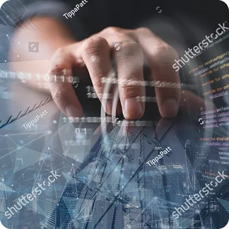 Close-up of fingers typing on a laptop keyboard with overlaid digital binary code and cityscape graphics.