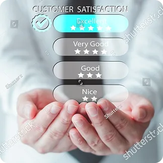 Hands cupped together with a transparent customer satisfaction rating overlay showing options from Nice to Excellent with the Excellent rating selected.