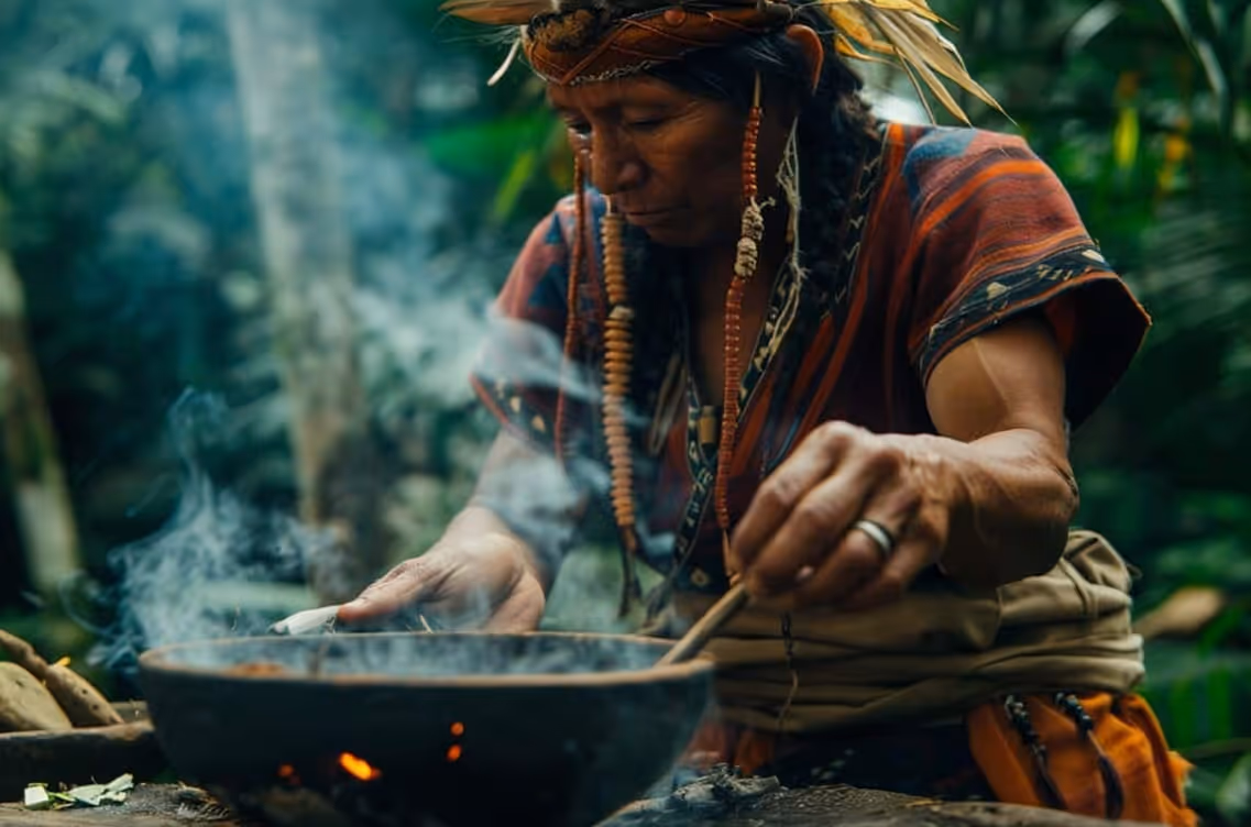 Traditional Shipibo woman cooking ayahuasca in the Amazon jungle. 