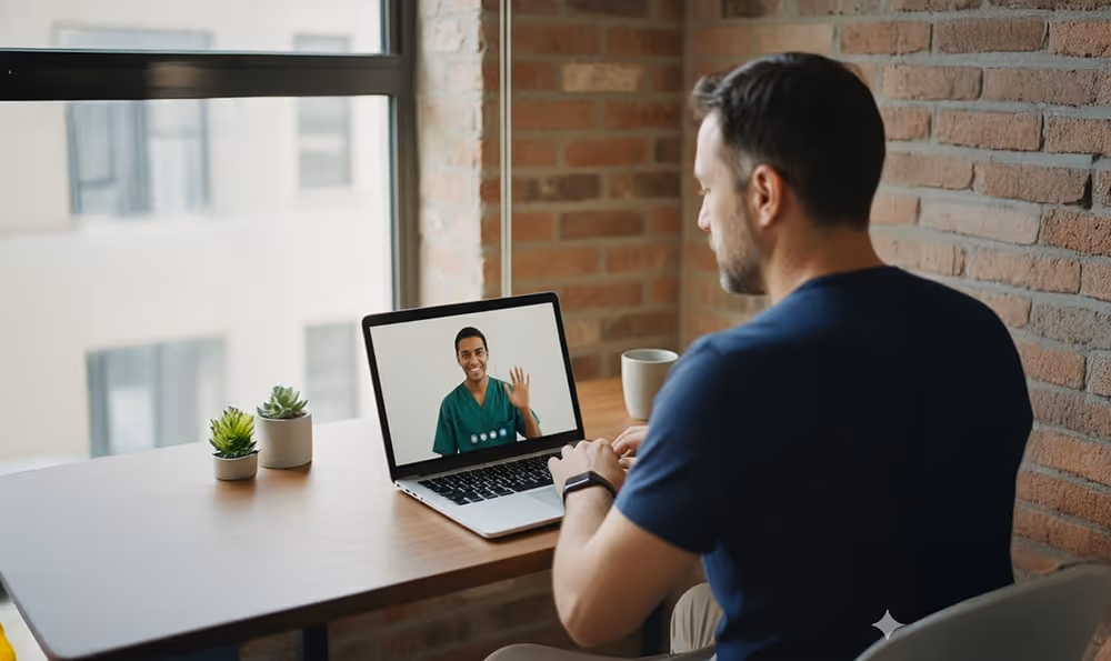 A man conducting an ayahuasca medical screening on a virtual telehealth session on a laptop. 